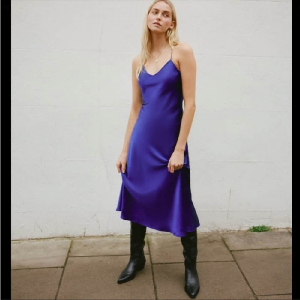 New Zara Blue Satin Effect Cross Back Midi Dress NEW w/out Tags